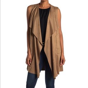Faux suede camel color open front draped cardigan